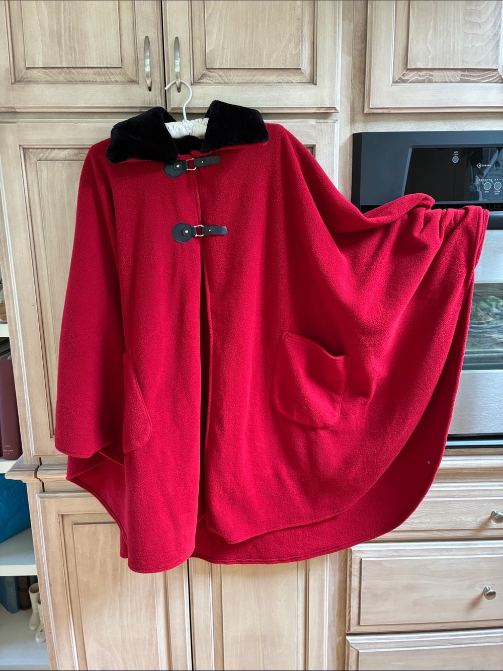 Red Cape Coat with Black Collar - Women's Cape Coat